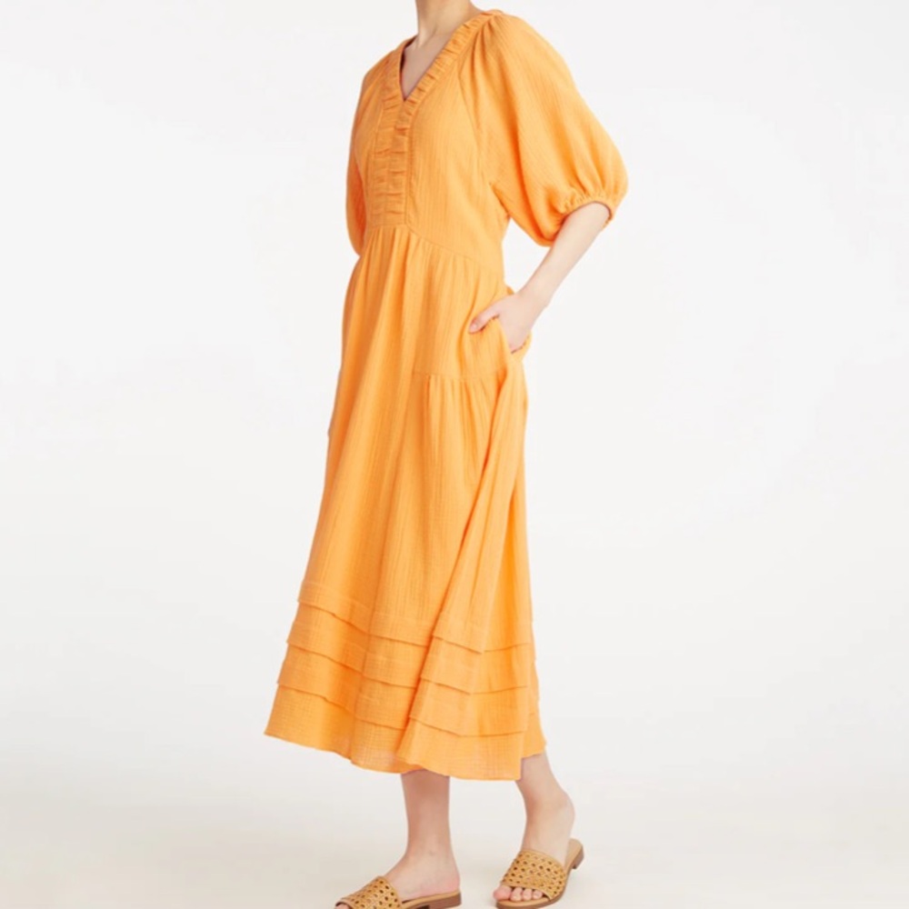 🆕 DRAPER JAMES Chloe Puff Sleeve V-Neck Midi Dress in Orange Crinkle Cotton L